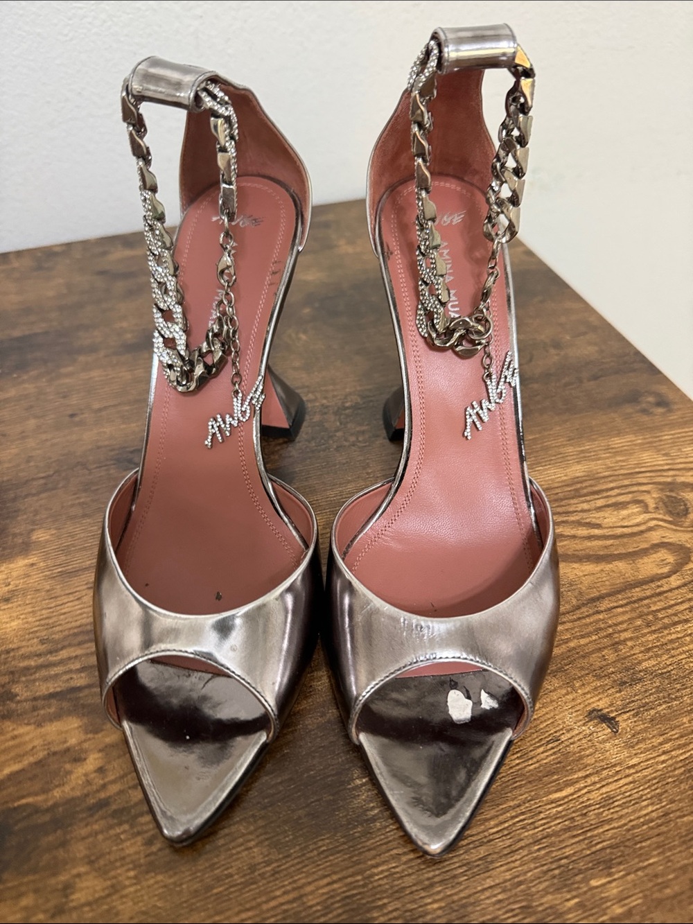 Amina Muaddi Metallic Mirror Pointed Open-Toe Chain-Heel Sandals